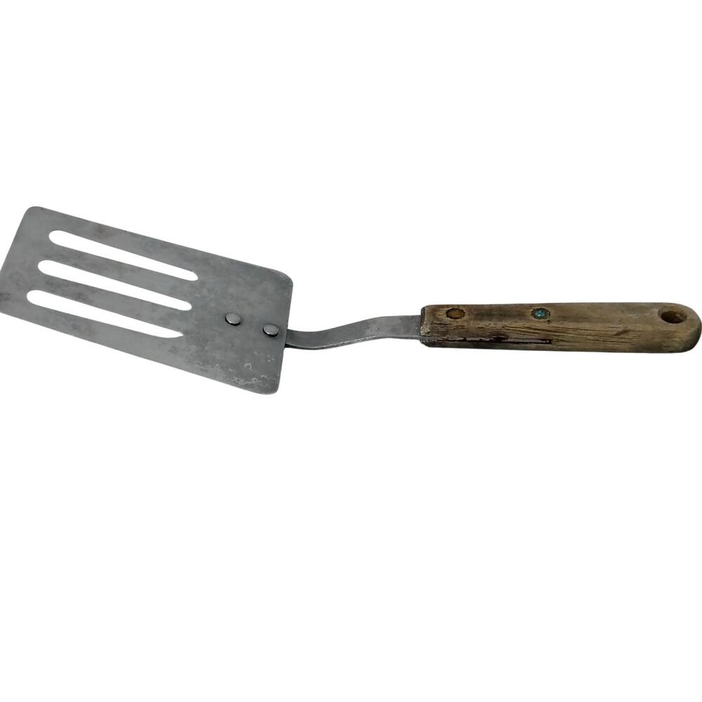 Vintage Robinson Knife Co Stainless Slotted Spatula Turner Flip Wood Handle USA